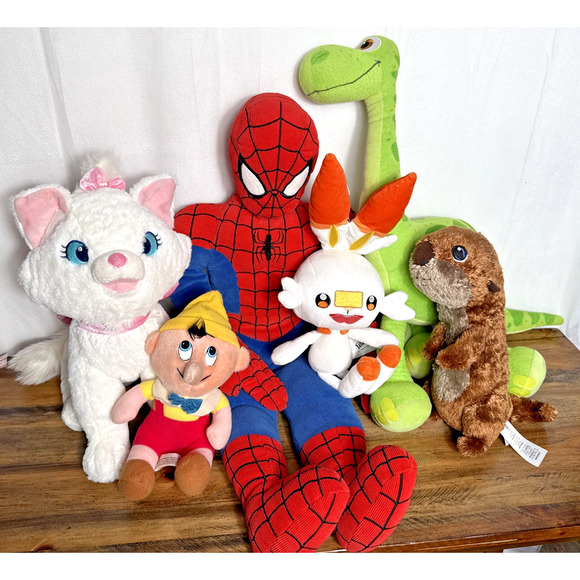 Stuffed Animal Plush Lot Disney Spiderman Pokemon Pinocchio Aristocats EUC Large - Picture 1 of 16